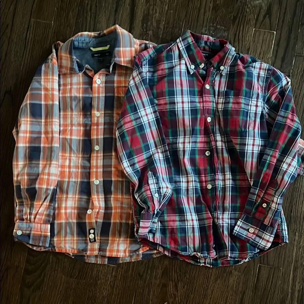 Gap Kids, 2 boys Plaid Shirts Orange with navy and Red with green, Size M (8/9)